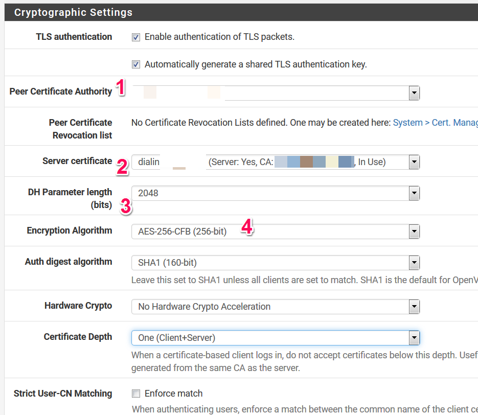 Kryptographische Einstellungen auf der pfsensen für das OpenVPN 