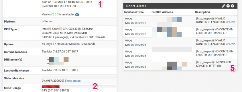 Das Dashboard gibt direkt nach der Anmeldung via Web eine Übersicht über den Status der pfsense