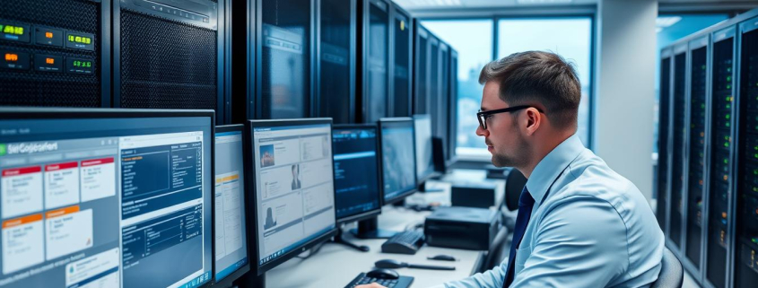 Computer Service Techniker bei der Arbeit an einem Serverraum in Stuttgart