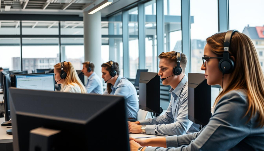 Helpdesk-Mitarbeiter beim Computer Service für mehrere Kunden gleichzeitig
