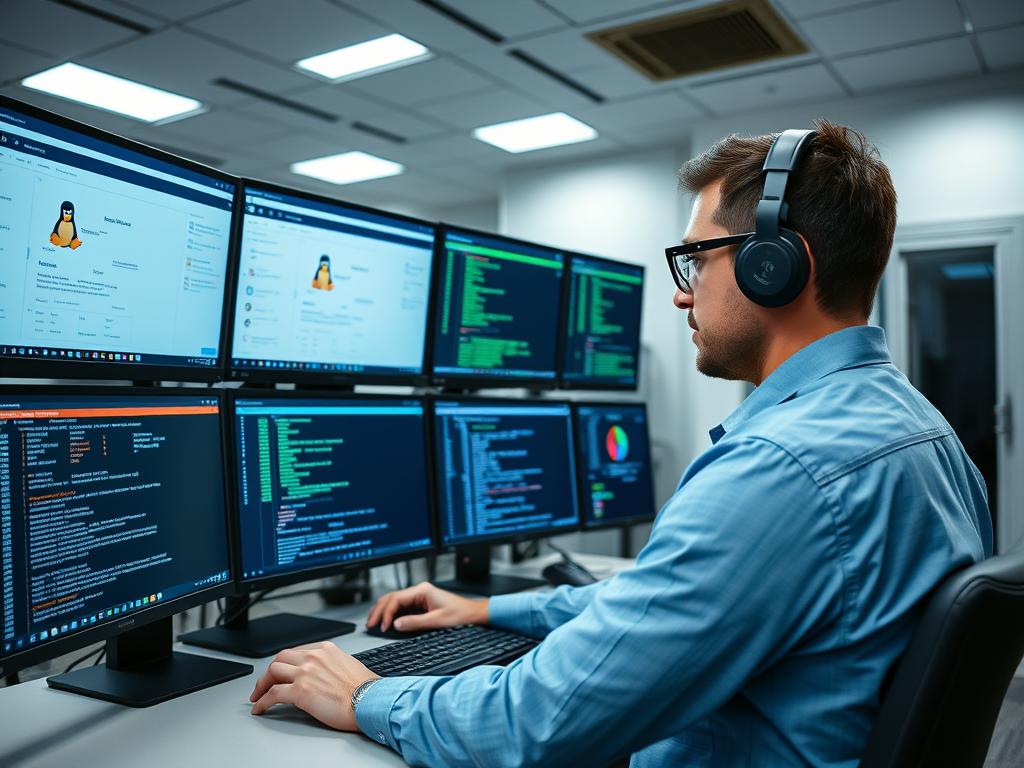 IT-Experte bei der Linux-Administration an mehreren Bildschirmen IT-Experte bei der Linux-Administration an mehreren Bildschirmen