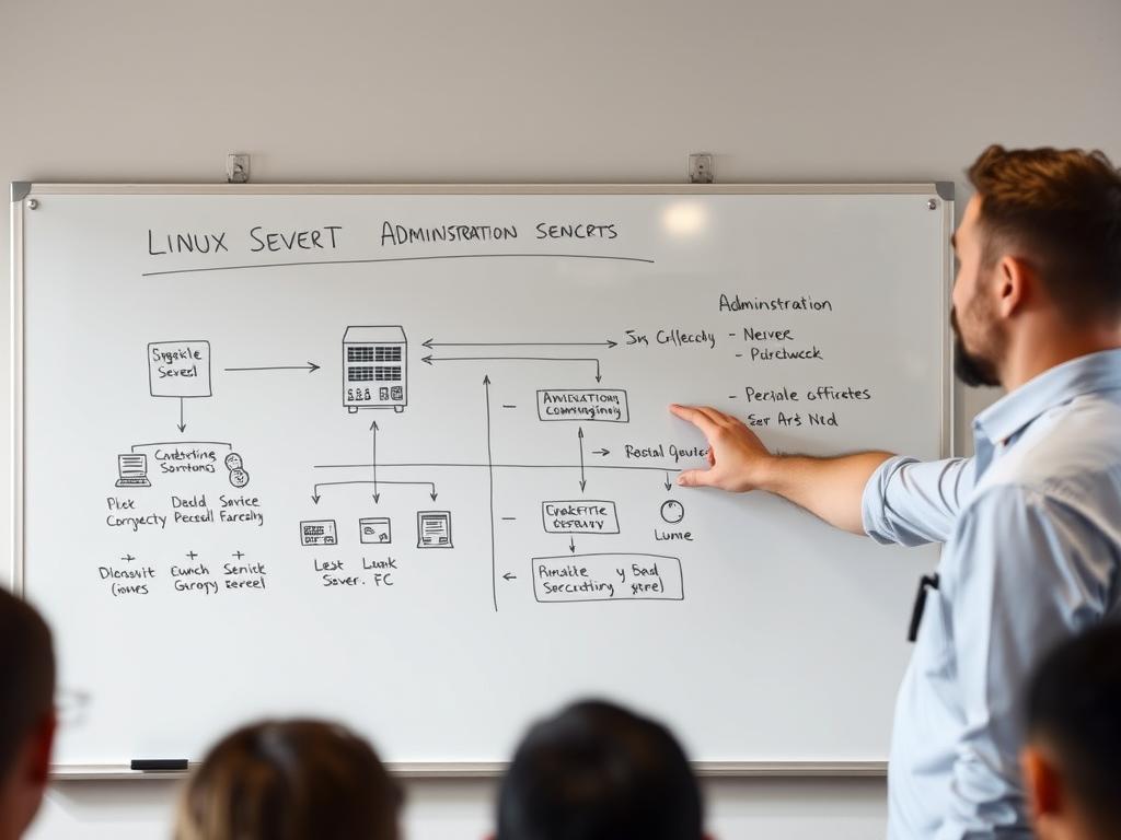 IT-Experte erklärt Linux-Administration an einem Whiteboard IT-Experte erklärt Linux-Administration an einem Whiteboard