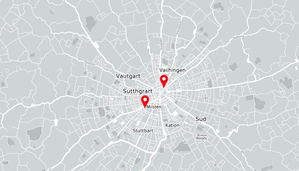 Karte von Stuttgart mit markierten Servicegebieten für Linux-Administration Karte von Stuttgart mit markierten Servicegebieten für Linux-Administration