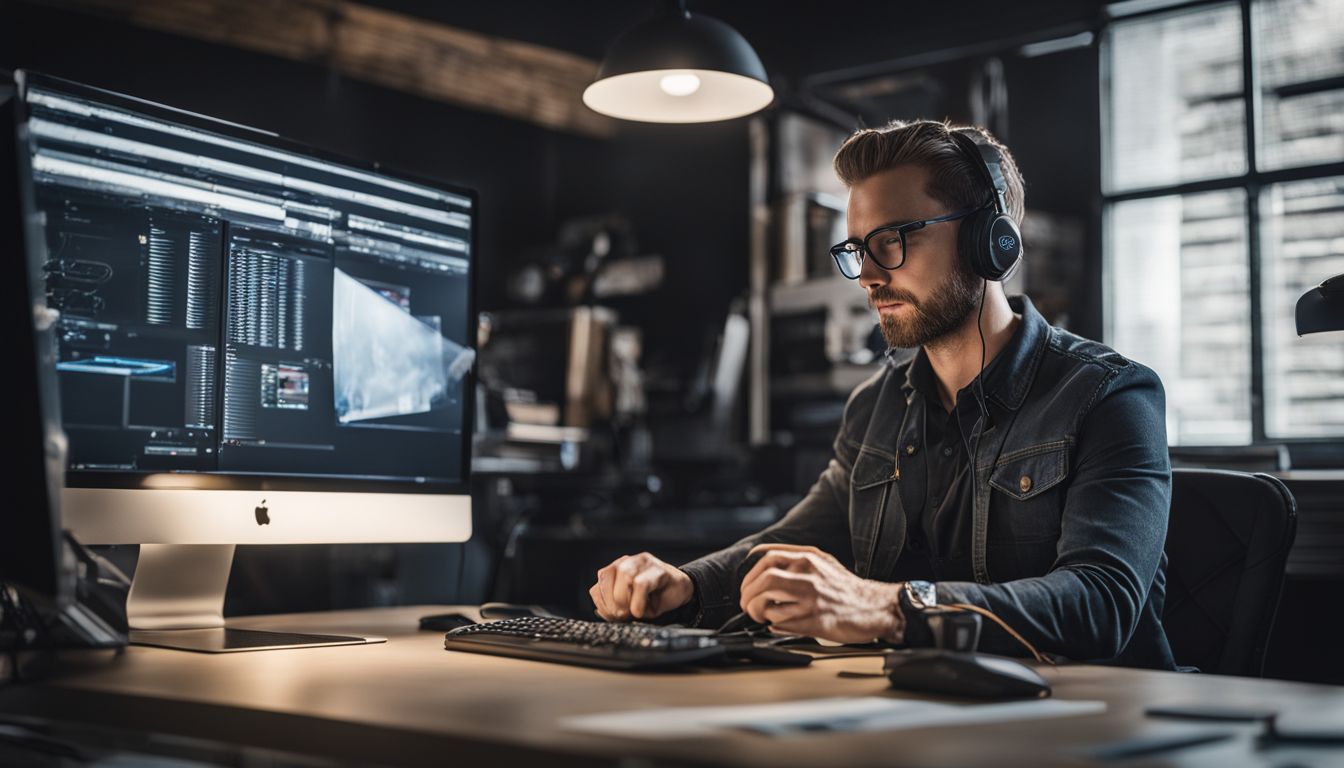 Eine Person arbeitet an einem Schreibtisch umgeben von Computerausrüstung und verwendet eine Desktop-NAS. Eine Person arbeitet an einem Schreibtisch umgeben von Computerausrüstung und verwendet eine Desktop-NAS.