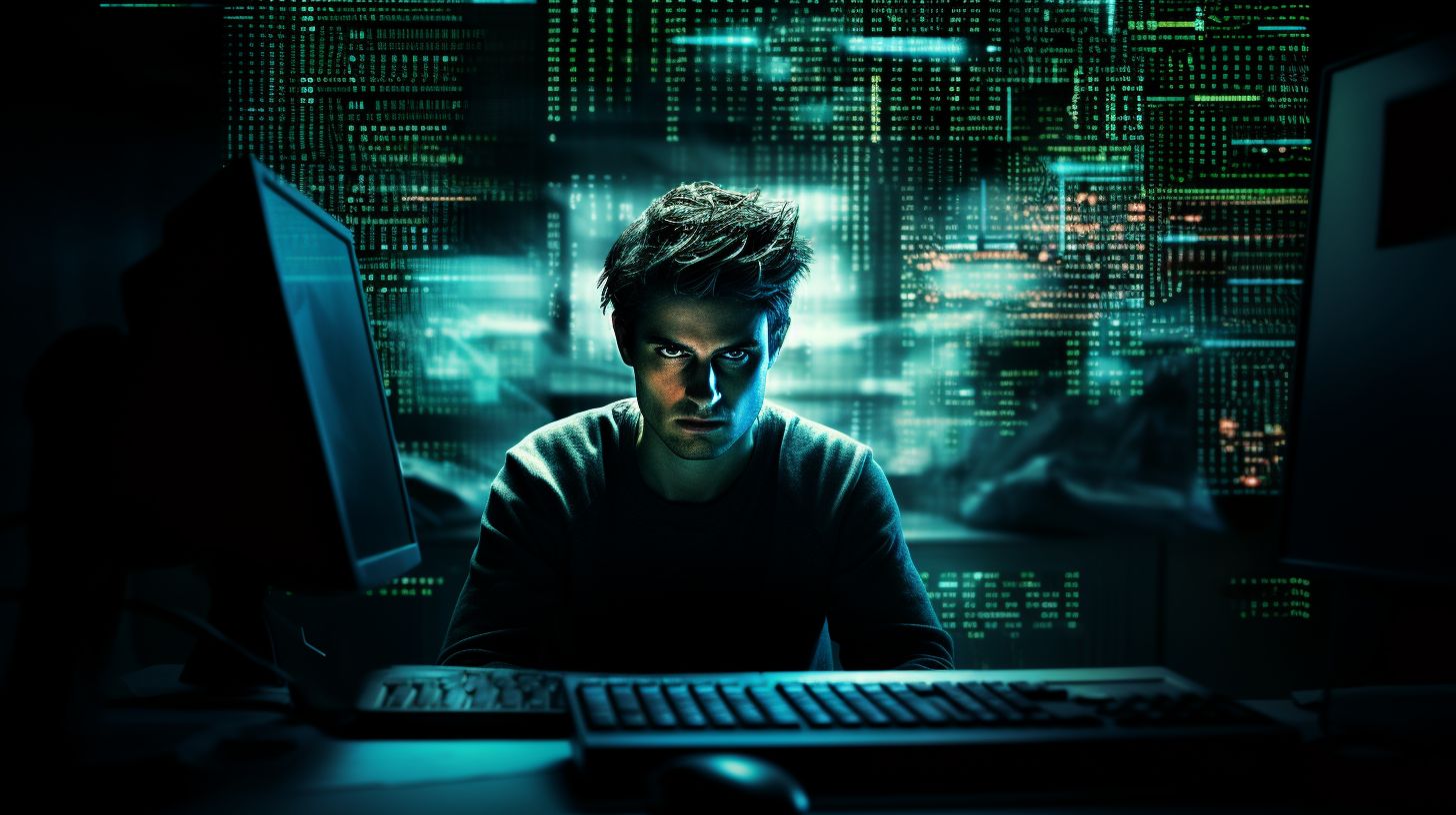 Eine Person sitzt vor einem Computer mit verschlüsselten Dateien.