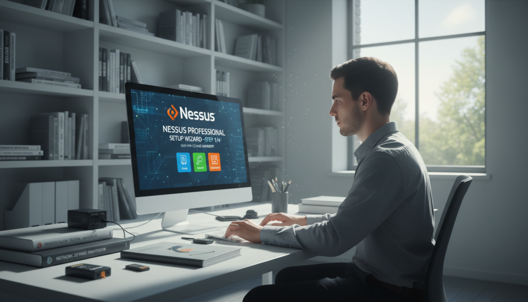 A clean, modern office environment featuring a desktop computer setup displaying the Nessus installation interface. In the foreground, a focused IT professional in a business casual outfit is attentively configuring the software, surrounded by various network security tools and manuals. The middle layer captures the computer screen with detailed graphics of the Nessus installation steps, surrounded by vibrant icons representing network security. The background shows shelves with cybersecurity books and a clear window revealing a bright, sunny day outside, creating an atmosphere of productivity and determination. Soft, natural lighting illuminates the scene, enhancing the sense of professionalism and focus, with a wide-angle lens perspective to capture the entire environment. A clean, modern office environment featuring a desktop computer setup displaying the Nessus installation interface. In the foreground, a focused IT professional in a business casual outfit is attentively configuring the software, surrounded by various network security tools and manuals. The middle layer captures the computer screen with detailed graphics of the Nessus installation steps, surrounded by vibrant icons representing network security. The background shows shelves with cybersecurity books and a clear window revealing a bright, sunny day outside, creating an atmosphere of productivity and determination. Soft, natural lighting illuminates the scene, enhancing the sense of professionalism and focus, with a wide-angle lens perspective to capture the entire environment.