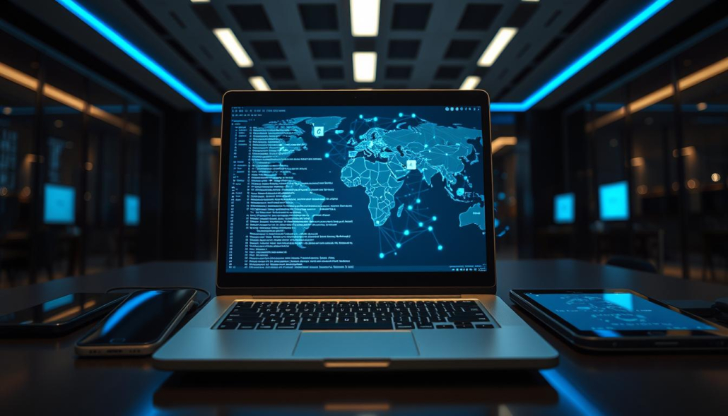 A detailed, dynamic illustration of modern cybersecurity tools and techniques for lateral movement within a corporate network. In the foreground, showcase a high-tech laptop displaying code on the screen, flanked by various digital devices like smartphones and tablets. The middle ground features a network map with glowing nodes and data packets, emphasizing the concept of internal network navigation. In the background, a sleek, modern office environment with dim lighting and blue accents enhances a sense of high-tech atmosphere. Use a low-angle shot to create depth, focusing on the devices and the network map, while maintaining an overall professional mood, suitable for a tech-savvy audience. Ensure no human figures are present. A detailed, dynamic illustration of modern cybersecurity tools and techniques for lateral movement within a corporate network. In the foreground, showcase a high-tech laptop displaying code on the screen, flanked by various digital devices like smartphones and tablets. The middle ground features a network map with glowing nodes and data packets, emphasizing the concept of internal network navigation. In the background, a sleek, modern office environment with dim lighting and blue accents enhances a sense of high-tech atmosphere. Use a low-angle shot to create depth, focusing on the devices and the network map, while maintaining an overall professional mood, suitable for a tech-savvy audience. Ensure no human figures are present.
