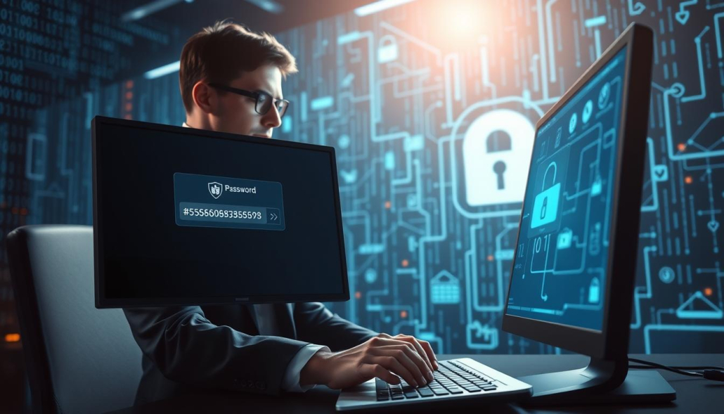 A digital illustration representing strong password protection measures against brute force attacks. In the foreground, a computer screen displaying a secure password prompt with visual indicators such as shields or locks. The middle ground features a professional individual, dressed in business attire, observing the screen intently while typing on a keyboard. The background includes a futuristic cyber security environment, with elements like encrypted data streams, a matrix of codes, and abstract representations of secure connections. Soft, focused lighting illuminates the scene, showcasing an atmosphere of concentration and vigilance. The overall mood conveys professionalism and security awareness, emphasizing the importance of effective password strategies in safeguarding digital assets. A digital illustration representing strong password protection measures against brute force attacks. In the foreground, a computer screen displaying a secure password prompt with visual indicators such as shields or locks. The middle ground features a professional individual, dressed in business attire, observing the screen intently while typing on a keyboard. The background includes a futuristic cyber security environment, with elements like encrypted data streams, a matrix of codes, and abstract representations of secure connections. Soft, focused lighting illuminates the scene, showcasing an atmosphere of concentration and vigilance. The overall mood conveys professionalism and security awareness, emphasizing the importance of effective password strategies in safeguarding digital assets.