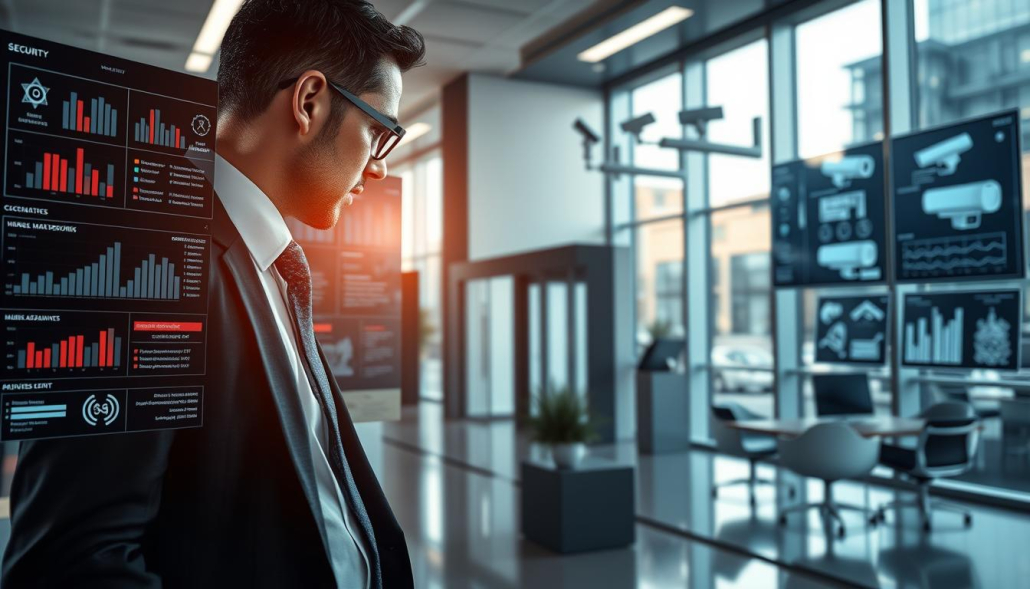 A modern corporate office environment focusing on security measures. In the foreground, a professional business person, dressed in a smart suit, is examining a digital dashboard filled with security metrics and alerts. In the middle, a high-tech security system with surveillance cameras and access control points is clearly visible. The background showcases sleek office furniture and large glass windows letting in natural light, creating a bright and secure atmosphere. The lighting is soft yet focused, drawing attention to security features. The mood exudes professionalism and vigilance, reflecting the importance of security in a corporate context. The overall composition emphasizes a blend of technology and workspace safety without any text or overlay. A modern corporate office environment focusing on security measures. In the foreground, a professional business person, dressed in a smart suit, is examining a digital dashboard filled with security metrics and alerts. In the middle, a high-tech security system with surveillance cameras and access control points is clearly visible. The background showcases sleek office furniture and large glass windows letting in natural light, creating a bright and secure atmosphere. The lighting is soft yet focused, drawing attention to security features. The mood exudes professionalism and vigilance, reflecting the importance of security in a corporate context. The overall composition emphasizes a blend of technology and workspace safety without any text or overlay.