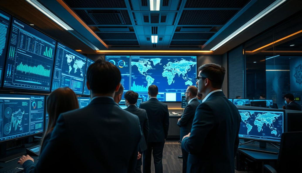A modern, high-tech Security Operations Center (SOC) environment, illustrating best practices and optimized security strategies. In the foreground, a diverse team of cybersecurity analysts, dressed in professional business attire, intently monitoring multiple screens displaying real-time data and security alerts. The middle layer features advanced technology like data dashboards, threat detection charts, and interactive maps of network vulnerabilities, all glowing in soft blue and green hues. The background showcases a sleek, contemporary office space with dimmed ambient lighting, enhancing focus on the analysts. The atmosphere is tense yet productive, emphasizing a culture of vigilance and teamwork in cybersecurity. The perspective is slightly angled to capture the dynamic energy of the SOC. A modern, high-tech Security Operations Center (SOC) environment, illustrating best practices and optimized security strategies. In the foreground, a diverse team of cybersecurity analysts, dressed in professional business attire, intently monitoring multiple screens displaying real-time data and security alerts. The middle layer features advanced technology like data dashboards, threat detection charts, and interactive maps of network vulnerabilities, all glowing in soft blue and green hues. The background showcases a sleek, contemporary office space with dimmed ambient lighting, enhancing focus on the analysts. The atmosphere is tense yet productive, emphasizing a culture of vigilance and teamwork in cybersecurity. The perspective is slightly angled to capture the dynamic energy of the SOC.