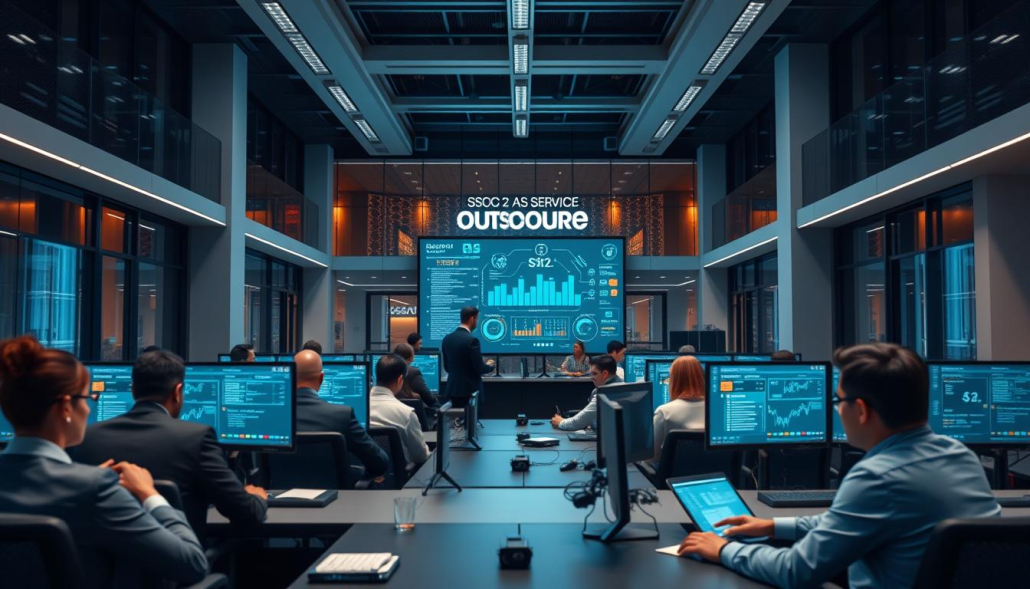 A modern office environment showcasing a Security Operations Center (SOC) as a Service model, with a focus on outsourcing. The foreground features a team of diverse cybersecurity professionals in business attire, working attentively at high-tech workstations with multiple screens displaying security dashboards and alerts. In the middle, a large screen visually represents data flow and security metrics, symbolizing outsourced operations. The background reveals sleek architectural elements of the office, with soft ambient lighting creating a professional yet innovative atmosphere. The angle is slightly elevated, giving a panoramic view of the operation. The mood is focused and collaborative, emphasizing efficiency and cutting-edge technology in cybersecurity. A modern office environment showcasing a Security Operations Center (SOC) as a Service model, with a focus on outsourcing. The foreground features a team of diverse cybersecurity professionals in business attire, working attentively at high-tech workstations with multiple screens displaying security dashboards and alerts. In the middle, a large screen visually represents data flow and security metrics, symbolizing outsourced operations. The background reveals sleek architectural elements of the office, with soft ambient lighting creating a professional yet innovative atmosphere. The angle is slightly elevated, giving a panoramic view of the operation. The mood is focused and collaborative, emphasizing efficiency and cutting-edge technology in cybersecurity.