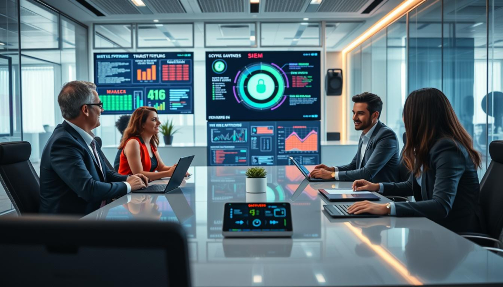 A modern office environment showcasing the advantages and values of SIEM systems. In the foreground, a diverse group of four professionals, dressed in smart business attire, are engaged in a lively discussion around a sleek conference table, with digital devices displaying graphical data on cybersecurity. In the middle ground, large screens illustrate key SIEM features, such as real-time monitoring, threat detection, and data analytics in vibrant colors. The background features a contemporary office with glass walls and minimalistic design elements, enhancing a tech-savvy atmosphere. Soft, warm lighting creates an inviting and collaborative mood, while the camera angle slightly tilts upward to convey a sense of innovation and forward-thinking. A modern office environment showcasing the advantages and values of SIEM systems. In the foreground, a diverse group of four professionals, dressed in smart business attire, are engaged in a lively discussion around a sleek conference table, with digital devices displaying graphical data on cybersecurity. In the middle ground, large screens illustrate key SIEM features, such as real-time monitoring, threat detection, and data analytics in vibrant colors. The background features a contemporary office with glass walls and minimalistic design elements, enhancing a tech-savvy atmosphere. Soft, warm lighting creates an inviting and collaborative mood, while the camera angle slightly tilts upward to convey a sense of innovation and forward-thinking.