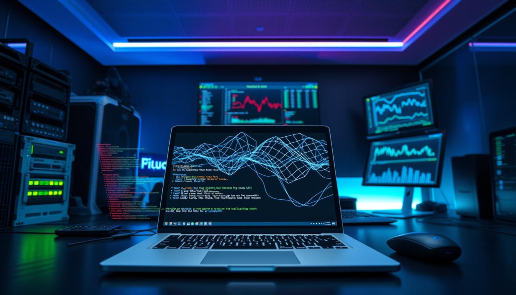 A modern, tech-inspired workspace illustrating Ansible automation of Filebeat for log analysis. In the foreground, a sleek laptop displaying code snippets related to Ansible and Filebeat, surrounded by various hardware components like servers and networking gear. In the middle, an abstract visualization of automated data flows and logs being processed, represented by dynamic lines and digital patterns. In the background, a wall-mounted screen displaying real-time metrics and graphs for log analytics in a dimly lit room with blue and green ambient lighting. The atmosphere is professional and focused, indicative of a high-tech environment. The scene is captured from a slight angle to give depth, emphasizing the integration of technology and automation in log management. A modern, tech-inspired workspace illustrating Ansible automation of Filebeat for log analysis. In the foreground, a sleek laptop displaying code snippets related to Ansible and Filebeat, surrounded by various hardware components like servers and networking gear. In the middle, an abstract visualization of automated data flows and logs being processed, represented by dynamic lines and digital patterns. In the background, a wall-mounted screen displaying real-time metrics and graphs for log analytics in a dimly lit room with blue and green ambient lighting. The atmosphere is professional and focused, indicative of a high-tech environment. The scene is captured from a slight angle to give depth, emphasizing the integration of technology and automation in log management.