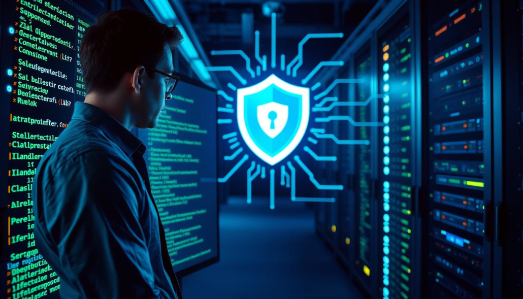 A modern web application security concept, focused on SQL injection. In the foreground, a professional cybersecurity analyst in business attire is analyzing a large, illuminated computer screen displaying SQL code with highlighted vulnerabilities. In the middle ground, a digital representation of a shield symbolizing protection against attacks, surrounded by flowing data streams and binary code. The background features a softly lit server room filled with racks of servers and LED lights, conveying a high-tech atmosphere. The scene is bathed in cool blue and green tones to emphasize a sense of professionalism and urgency, while soft shadows create depth. The angle is slightly from above, giving an overview of the analyst's focus and the vibrant digital environment. A modern web application security concept, focused on SQL injection. In the foreground, a professional cybersecurity analyst in business attire is analyzing a large, illuminated computer screen displaying SQL code with highlighted vulnerabilities. In the middle ground, a digital representation of a shield symbolizing protection against attacks, surrounded by flowing data streams and binary code. The background features a softly lit server room filled with racks of servers and LED lights, conveying a high-tech atmosphere. The scene is bathed in cool blue and green tones to emphasize a sense of professionalism and urgency, while soft shadows create depth. The angle is slightly from above, giving an overview of the analyst's focus and the vibrant digital environment.