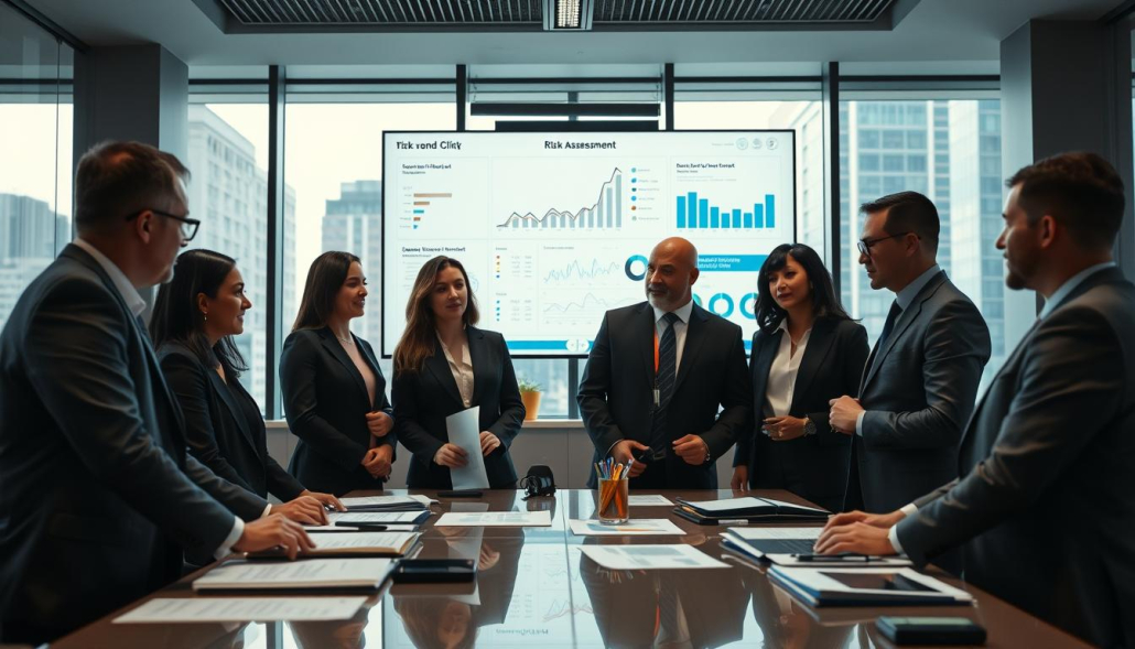 A professional business environment showcasing risk management. In the foreground, a diverse team of four professionals, dressed in formal business attire, engages in a discussion around a modern conference table filled with reports and digital devices. The atmosphere is collaborative and focused. In the middle ground, a large screen displays complex graphs and risk assessment data. The background includes large windows with city views, allowing natural light to illuminate the scene, creating a sense of openness and transparency. The mood is serious yet proactive, embodying a commitment to managing risks in a corporate setting. Use a wide-angle lens to capture the full depth of the room, highlighting the teamwork and strategic discussions. A professional business environment showcasing risk management. In the foreground, a diverse team of four professionals, dressed in formal business attire, engages in a discussion around a modern conference table filled with reports and digital devices. The atmosphere is collaborative and focused. In the middle ground, a large screen displays complex graphs and risk assessment data. The background includes large windows with city views, allowing natural light to illuminate the scene, creating a sense of openness and transparency. The mood is serious yet proactive, embodying a commitment to managing risks in a corporate setting. Use a wide-angle lens to capture the full depth of the room, highlighting the teamwork and strategic discussions.
