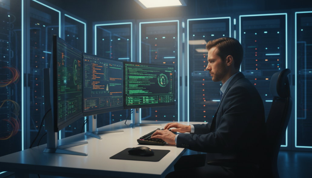 A secure, high-tech environment showcasing a Command and Control (C2) server setup. In the foreground, a sleek, modern computer workstation with multiple monitors displaying real-time network data, security alerts, and encryption keys. In the middle ground, a professional-looking cybersecurity analyst in business attire, focused on the screens, typing commands expertly. The background features a dimly lit server room with rows of powerful servers, illuminated by blue LED lights, creating a futuristic atmosphere. Soft light from overhead panels enhances the focus on the workstation, while a subtle haze adds depth. The overall mood conveys a sense of vigilance, technology, and professionalism in cybersecurity. A secure, high-tech environment showcasing a Command and Control (C2) server setup. In the foreground, a sleek, modern computer workstation with multiple monitors displaying real-time network data, security alerts, and encryption keys. In the middle ground, a professional-looking cybersecurity analyst in business attire, focused on the screens, typing commands expertly. The background features a dimly lit server room with rows of powerful servers, illuminated by blue LED lights, creating a futuristic atmosphere. Soft light from overhead panels enhances the focus on the workstation, while a subtle haze adds depth. The overall mood conveys a sense of vigilance, technology, and professionalism in cybersecurity.