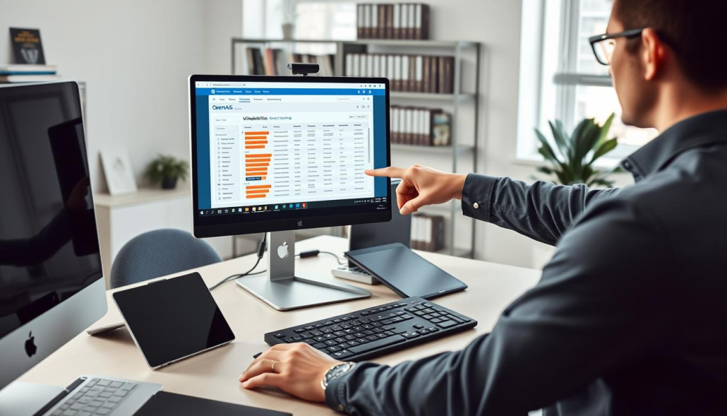 A sleek, modern workspace featuring a desktop computer displaying the OpenVAS interface, with a colorful vulnerability scanning dashboard. In the foreground, a skilled IT professional in smart casual attire is pointing at the screen, analyzing results. The middle ground includes various digital devices like laptops and tablets, creating a tech-savvy atmosphere. The background consists of shelves filled with cybersecurity books and certifications, emphasizing a learning environment. Soft, natural lighting floods the room, creating an inviting yet focused ambiance. The angle is slightly tilted to capture both the professional and the detailed screen, enhancing the sense of engagement. The overall mood conveys professionalism and efficiency in cybersecurity. A sleek, modern workspace featuring a desktop computer displaying the OpenVAS interface, with a colorful vulnerability scanning dashboard. In the foreground, a skilled IT professional in smart casual attire is pointing at the screen, analyzing results. The middle ground includes various digital devices like laptops and tablets, creating a tech-savvy atmosphere. The background consists of shelves filled with cybersecurity books and certifications, emphasizing a learning environment. Soft, natural lighting floods the room, creating an inviting yet focused ambiance. The angle is slightly tilted to capture both the professional and the detailed screen, enhancing the sense of engagement. The overall mood conveys professionalism and efficiency in cybersecurity.