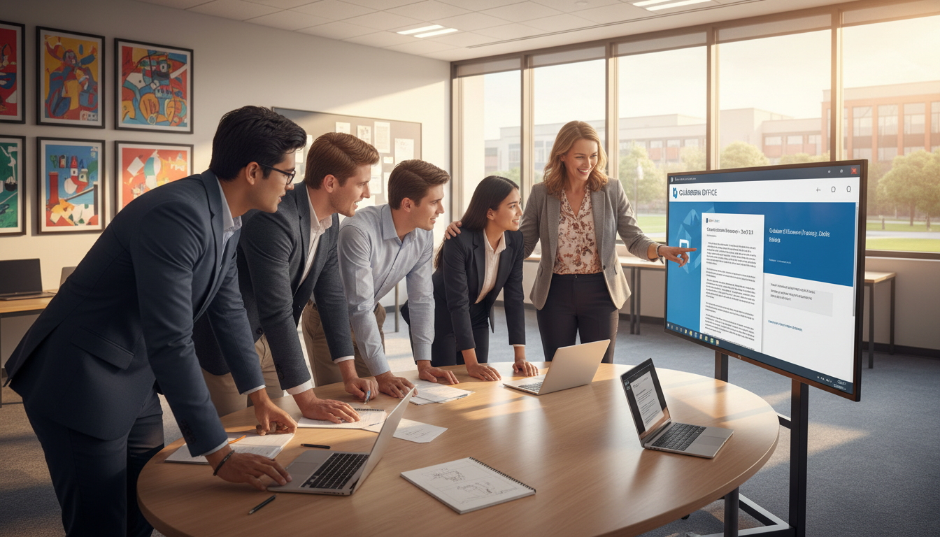 Collabora Office: Was ist das? Eine Übersicht 3 A modern classroom setting in a vibrant educational institution. In the foreground, a group of diverse students engaged in a collaborative project, focusing on a large screen displaying a digital document using Collabora Office. Each student, dressed in professional business attire, is actively discussing and sharing ideas. In the middle, a teacher guides the discussion, facilitating learning with a friendly demeanor. The background features large windows allowing natural light to stream in, illuminating colorful student artwork on the walls. The atmosphere is energizing and dynamic, evoking a sense of innovation and teamwork. Capture the scene with a slightly elevated angle to emphasize both the collaborative effort and the technological integration in education. The lighting is bright and inviting, enhancing the focus on student interactions and learning.