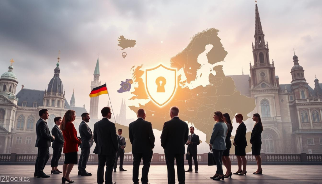 A conceptual illustration representing "Digital Sovereignty" in Germany and Europe. In the foreground, a diverse group of professionals in business attire, including men and women of various ethnic backgrounds, engage in a discussion around a digital map of Europe highlighting key cities. In the middle, symbolic elements like a shield representing security, a network of connected nodes, and digital data streams intertwined with European flags. The background features iconic architecture from Germany and other European nations, merging traditional and modern styles. Soft, ambient lighting creates a collaborative and innovative atmosphere, captured with a slight low-angle perspective to emphasize the importance of digital sovereignty. Convey a sense of unity and progress towards a digitally independent future. A conceptual illustration representing "Digital Sovereignty" in Germany and Europe. In the foreground, a diverse group of professionals in business attire, including men and women of various ethnic backgrounds, engage in a discussion around a digital map of Europe highlighting key cities. In the middle, symbolic elements like a shield representing security, a network of connected nodes, and digital data streams intertwined with European flags. The background features iconic architecture from Germany and other European nations, merging traditional and modern styles. Soft, ambient lighting creates a collaborative and innovative atmosphere, captured with a slight low-angle perspective to emphasize the importance of digital sovereignty. Convey a sense of unity and progress towards a digitally independent future.