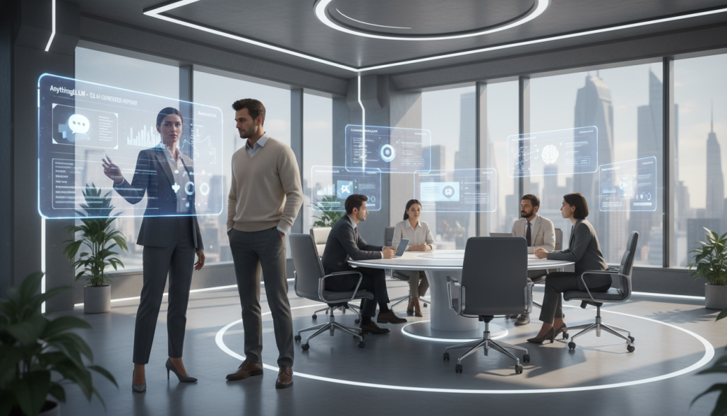 A futuristic office environment showcasing diverse professionals interacting with the AnythingLLM technology. In the foreground, a confident woman in business attire discusses an AI-generated report with a man in a smart casual outfit, pointing at a holographic display of data visualizations. In the middle ground, a group of colleagues collaborates at a sleek conference table, surrounded by digital screens showcasing various use cases of AnythingLLM, such as customer service automation, content generation, and personalized learning tools. The background features large windows with a view of a modern city skyline under bright daylight. The atmosphere conveys innovation and collaboration, with soft, natural lighting enhancing the high-tech nature of the scene. The angle is slightly elevated, providing a broad view of the engaging workspace. A futuristic office environment showcasing diverse professionals interacting with the AnythingLLM technology. In the foreground, a confident woman in business attire discusses an AI-generated report with a man in a smart casual outfit, pointing at a holographic display of data visualizations. In the middle ground, a group of colleagues collaborates at a sleek conference table, surrounded by digital screens showcasing various use cases of AnythingLLM, such as customer service automation, content generation, and personalized learning tools. The background features large windows with a view of a modern city skyline under bright daylight. The atmosphere conveys innovation and collaboration, with soft, natural lighting enhancing the high-tech nature of the scene. The angle is slightly elevated, providing a broad view of the engaging workspace.