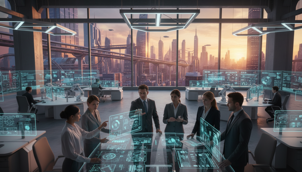 A futuristic office environment showcasing the next generation of office solutions. In the foreground, a diverse group of professionals, dressed in smart business attire, collaborates around a sleek, high-tech conference table, displaying digital documents on transparent screens. The middle ground features a modern workspace filled with ergonomic furniture, smart devices, and interactive digital displays, illustrating advanced collaborative technology. In the background, large windows provide a panoramic view of a vibrant city skyline, bathed in warm sunlight, creating an inspiring atmosphere. The scene is lit with soft, natural light to convey a sense of innovation and productivity. The angle of the shot highlights the dynamic interactions and modern design elements, evoking a feeling of a forward-thinking office culture. A futuristic office environment showcasing the next generation of office solutions. In the foreground, a diverse group of professionals, dressed in smart business attire, collaborates around a sleek, high-tech conference table, displaying digital documents on transparent screens. The middle ground features a modern workspace filled with ergonomic furniture, smart devices, and interactive digital displays, illustrating advanced collaborative technology. In the background, large windows provide a panoramic view of a vibrant city skyline, bathed in warm sunlight, creating an inspiring atmosphere. The scene is lit with soft, natural light to convey a sense of innovation and productivity. The angle of the shot highlights the dynamic interactions and modern design elements, evoking a feeling of a forward-thinking office culture.