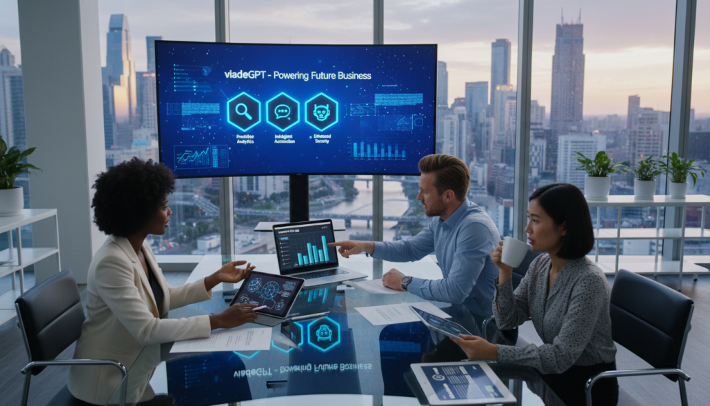 A modern business meeting scene in a bright, sleek office space. In the foreground, a diverse group of three professionals – a Black woman, a Caucasian man, and an Asian woman – are seated around a glass conference table, engaged in a discussion about viadeeGPT applications. They are dressed in smart casual attire, with laptops and tablets in front of them displaying graphs and diagrams related to AI applications. In the middle ground, a large screen shows a visual representation of viadeeGPT, with charts and icons symbolizing different use cases. The background features large windows with a city skyline view, filled with soft natural light. The mood is collaborative and innovative, highlighting the potential of AI in business. A modern business meeting scene in a bright, sleek office space. In the foreground, a diverse group of three professionals – a Black woman, a Caucasian man, and an Asian woman – are seated around a glass conference table, engaged in a discussion about viadeeGPT applications. They are dressed in smart casual attire, with laptops and tablets in front of them displaying graphs and diagrams related to AI applications. In the middle ground, a large screen shows a visual representation of viadeeGPT, with charts and icons symbolizing different use cases. The background features large windows with a city skyline view, filled with soft natural light. The mood is collaborative and innovative, highlighting the potential of AI in business.