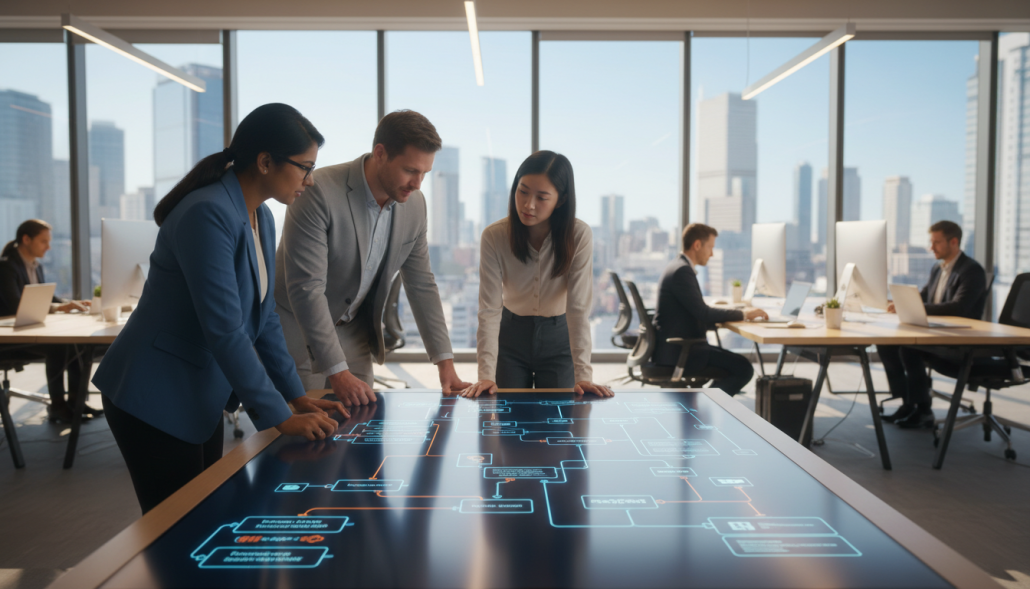 A modern office environment showcasing a professional setting dedicated to OpenRPA workflow creation and data integration. In the foreground, a diverse group of three individuals—two women and one man—are collaborating around a large digital display, wearing smart business attire. The screen is filled with vibrant visual representations of workflow diagrams, data flows, and automation processes. In the middle ground, office desks with laptops and documents create an organized workspace, while a large window reveals a cityscape under clear blue skies. Soft, natural lighting enhances the scene, highlighting the engaging atmosphere of teamwork and innovation. A subtle depth of field effect ensures the focus remains on the group and their dynamic interaction, capturing the essence of practical application in OpenRPA. A modern office environment showcasing a professional setting dedicated to OpenRPA workflow creation and data integration. In the foreground, a diverse group of three individuals—two women and one man—are collaborating around a large digital display, wearing smart business attire. The screen is filled with vibrant visual representations of workflow diagrams, data flows, and automation processes. In the middle ground, office desks with laptops and documents create an organized workspace, while a large window reveals a cityscape under clear blue skies. Soft, natural lighting enhances the scene, highlighting the engaging atmosphere of teamwork and innovation. A subtle depth of field effect ensures the focus remains on the group and their dynamic interaction, capturing the essence of practical application in OpenRPA.
