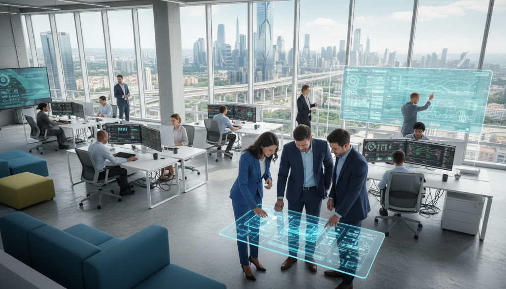 A modern office environment showcasing diverse professionals collaboratively working on workflows and applications of Msty AI. In the foreground, a group of three well-dressed businesspeople, one woman and two men, are engaged in a discussion around a digital tablet displaying complex diagrams and flowcharts. In the middle ground, sleek office furniture and modern technology such as computer monitors and smartboards illustrate a dynamic workspace. The background features a large window with natural light pouring in, overlooking a bustling cityscape. The atmosphere is collaborative and innovative, with a light, uplifting color palette reflecting creativity and technology. The image should evoke a sense of professionalism and forward-thinking, captured from a slightly elevated angle to encompass the energy of the scene. A modern office environment showcasing diverse professionals collaboratively working on workflows and applications of Msty AI. In the foreground, a group of three well-dressed businesspeople, one woman and two men, are engaged in a discussion around a digital tablet displaying complex diagrams and flowcharts. In the middle ground, sleek office furniture and modern technology such as computer monitors and smartboards illustrate a dynamic workspace. The background features a large window with natural light pouring in, overlooking a bustling cityscape. The atmosphere is collaborative and innovative, with a light, uplifting color palette reflecting creativity and technology. The image should evoke a sense of professionalism and forward-thinking, captured from a slightly elevated angle to encompass the energy of the scene.