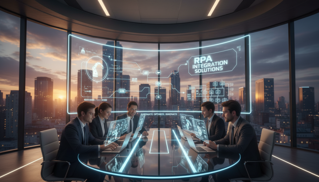 A modern office scene illustrating RPA integration solutions, featuring a sleek, futuristic workspace. In the foreground, a diverse group of professionals in business attire collaborates around a high-tech conference table, analyzing data on digital tablets and laptops. The middle ground showcases a large interactive screen displaying dynamic graphs and robotic workflow diagrams, symbolizing automation and integration. The background features a glass wall overlooking a city skyline, infused with warm, ambient lighting to create a productive atmosphere. The image captures a sense of innovation and teamwork, emphasizing the blend of technology and human expertise in RPA solutions. The lens perspective is slightly tilted upward to evoke a sense of inspiration and forward-thinking in the domain of automation. A modern office scene illustrating RPA integration solutions, featuring a sleek, futuristic workspace. In the foreground, a diverse group of professionals in business attire collaborates around a high-tech conference table, analyzing data on digital tablets and laptops. The middle ground showcases a large interactive screen displaying dynamic graphs and robotic workflow diagrams, symbolizing automation and integration. The background features a glass wall overlooking a city skyline, infused with warm, ambient lighting to create a productive atmosphere. The image captures a sense of innovation and teamwork, emphasizing the blend of technology and human expertise in RPA solutions. The lens perspective is slightly tilted upward to evoke a sense of inspiration and forward-thinking in the domain of automation.
