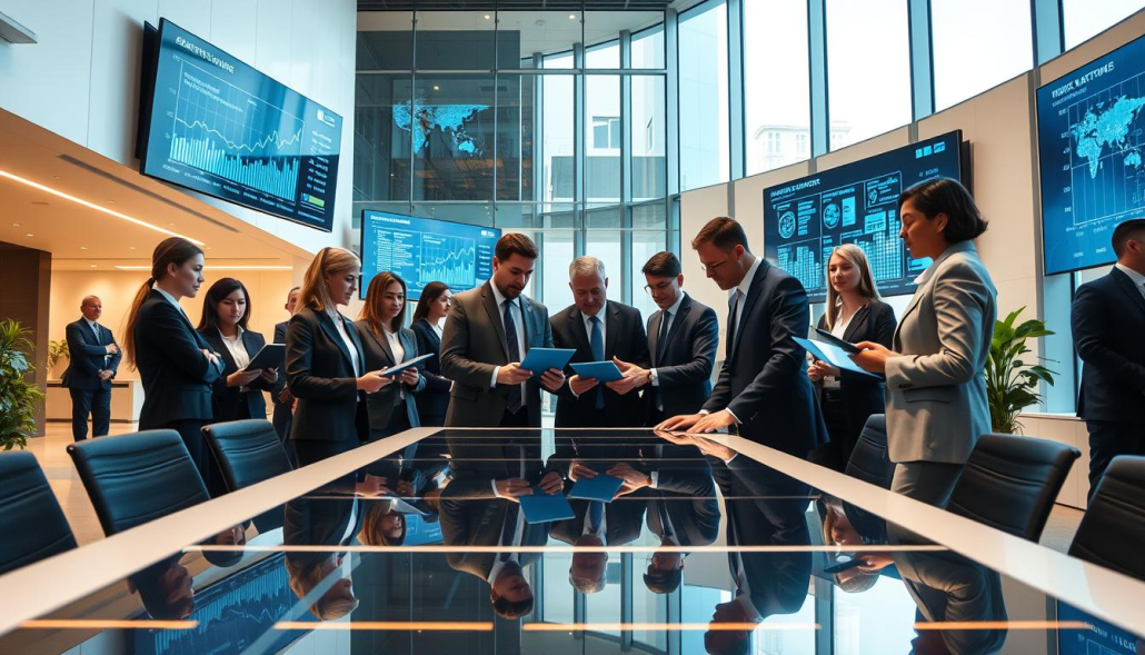 A modern public administration office, showcasing digital sovereignty. In the foreground, a diverse group of professionals in formal business attire collaborate around a high-tech conference table, examining digital devices displaying graphs and data. The middle ground features large screens on the walls showcasing real-time analytics and secure digital networks, symbolizing transparency and efficiency in governance. In the background, sleek modern architecture with large windows allows natural light to flood the space, enhancing the sense of innovation. The overall atmosphere is dynamic and professional, emphasizing the intersection of technology and public service. The lighting is bright, with a focus on clarity and productivity, captured with a wide-angle lens to convey an expansive feel. A modern public administration office, showcasing digital sovereignty. In the foreground, a diverse group of professionals in formal business attire collaborate around a high-tech conference table, examining digital devices displaying graphs and data. The middle ground features large screens on the walls showcasing real-time analytics and secure digital networks, symbolizing transparency and efficiency in governance. In the background, sleek modern architecture with large windows allows natural light to flood the space, enhancing the sense of innovation. The overall atmosphere is dynamic and professional, emphasizing the intersection of technology and public service. The lighting is bright, with a focus on clarity and productivity, captured with a wide-angle lens to convey an expansive feel.