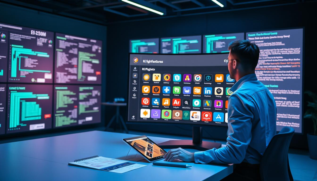 A sleek, modern workspace featuring a user interacting with a sophisticated KI platform interface on a large, curved monitor displaying a variety of plugin icons. In the foreground, the user, dressed in smart casual attire, smoothly navigates through an intuitive dashboard filled with vibrant, colorful plugin options, representing extensibility and additional features. The middle ground contains soft-focus elements like a tablet and a notepad with sketches of ideas. In the background, a wall of digital screens showcases dynamic data visualizations and code snippets in a dimly lit environment, illuminated by cool blue and green ambient lighting. The atmosphere is innovative and forward-thinking, conveying a sense of endless possibilities and creativity in technology. A sleek, modern workspace featuring a user interacting with a sophisticated KI platform interface on a large, curved monitor displaying a variety of plugin icons. In the foreground, the user, dressed in smart casual attire, smoothly navigates through an intuitive dashboard filled with vibrant, colorful plugin options, representing extensibility and additional features. The middle ground contains soft-focus elements like a tablet and a notepad with sketches of ideas. In the background, a wall of digital screens showcases dynamic data visualizations and code snippets in a dimly lit environment, illuminated by cool blue and green ambient lighting. The atmosphere is innovative and forward-thinking, conveying a sense of endless possibilities and creativity in technology.