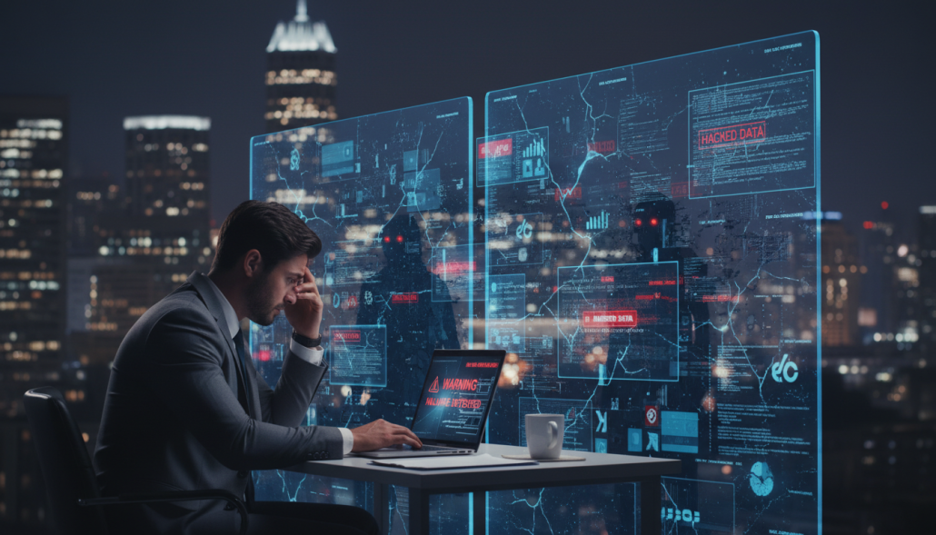 A visually striking image representing the risks of cyber attacks on businesses and individuals. In the foreground, a concerned business professional in business attire, focused on their laptop, with a backdrop of digital danger signs like warning alerts and firewalls. In the middle, a chaotic scene of glitching computer screens, showing hacked data and security breaches, with shadows of figures lurking in the digital ether. In the background, a city skyline blurred slightly to convey a sense of vulnerability, with bright lights contrasting the dark tone. Utilize soft yet ominous lighting to enhance the mood, capturing the tension and urgency surrounding cyber threats. The composition should evoke a sense of alarm and the importance of cybersecurity measures. A visually striking image representing the risks of cyber attacks on businesses and individuals. In the foreground, a concerned business professional in business attire, focused on their laptop, with a backdrop of digital danger signs like warning alerts and firewalls. In the middle, a chaotic scene of glitching computer screens, showing hacked data and security breaches, with shadows of figures lurking in the digital ether. In the background, a city skyline blurred slightly to convey a sense of vulnerability, with bright lights contrasting the dark tone. Utilize soft yet ominous lighting to enhance the mood, capturing the tension and urgency surrounding cyber threats. The composition should evoke a sense of alarm and the importance of cybersecurity measures.