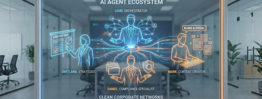 10 Tage OpenClaw bei Biteno: Wie KI-gestützte Agenten unsere Arbeitsweise verändert haben 1 Infografik mit den vier KI-Agenten Leon, Daniel, Svetlana und Mark für Biteno