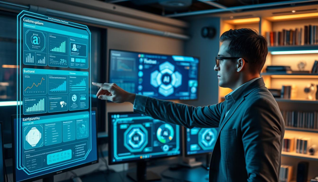 A futuristic workspace focused on the configuration of AI agents, featuring sleek, advanced technology and interactive digital interfaces. The foreground shows a professional in smart casual attire, manipulating a holographic display filled with graphs, data streams, and custom options for AI models. In the middle ground, there are multiple monitors showcasing different AI configurations, with soft blue and green lighting creating a tech-savvy atmosphere. The background includes shelves with books on artificial intelligence and robotics, illuminated by warm lighting. The overall mood is innovative and dynamic, conveying a sense of creativity and high-tech exploration in the realm of AI customization. A futuristic workspace focused on the configuration of AI agents, featuring sleek, advanced technology and interactive digital interfaces. The foreground shows a professional in smart casual attire, manipulating a holographic display filled with graphs, data streams, and custom options for AI models. In the middle ground, there are multiple monitors showcasing different AI configurations, with soft blue and green lighting creating a tech-savvy atmosphere. The background includes shelves with books on artificial intelligence and robotics, illuminated by warm lighting. The overall mood is innovative and dynamic, conveying a sense of creativity and high-tech exploration in the realm of AI customization.