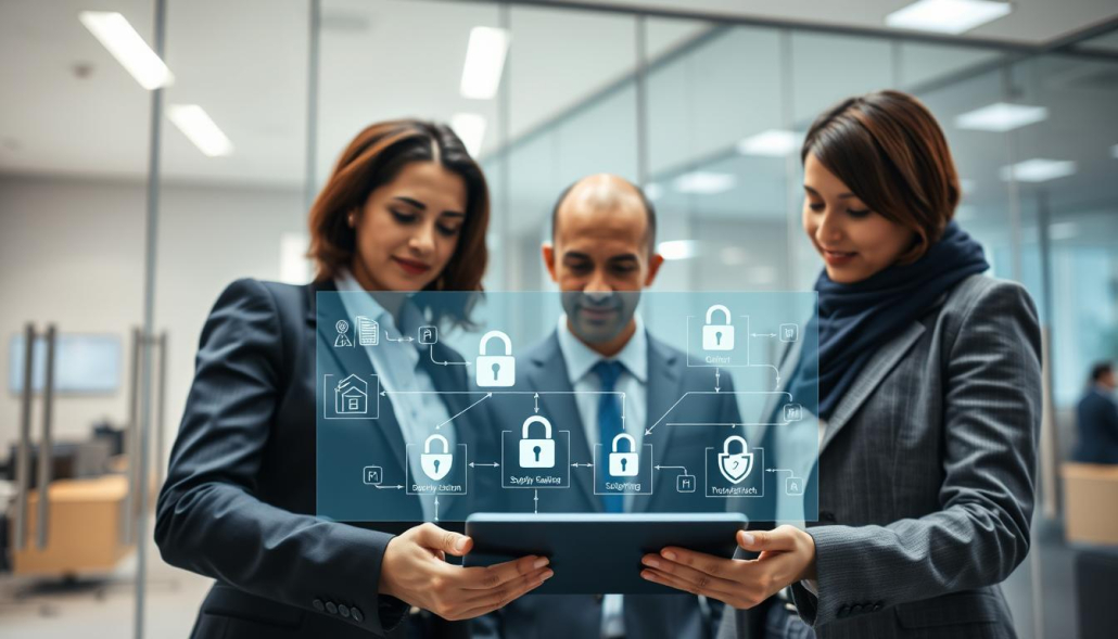 A mature, professional business setting illustrating supply chain security requirements. In the foreground, a diverse group of three individuals in professional attire, collaborating over a digital tablet displaying complex supply chain diagrams. In the middle, a transparent flowchart symbolizing supply chain processes, featuring padlocks and shield icons to represent security and compliance measures. The background showcases a modern office environment with glass walls, emphasizing transparency and collaboration. Soft, even lighting highlights the workspace, creating a focused atmosphere. The angle is slightly above eye level, giving an overview of the dynamic interaction among team members. The color palette is calming with blues and grays, reflecting professionalism and trust. A mature, professional business setting illustrating supply chain security requirements. In the foreground, a diverse group of three individuals in professional attire, collaborating over a digital tablet displaying complex supply chain diagrams. In the middle, a transparent flowchart symbolizing supply chain processes, featuring padlocks and shield icons to represent security and compliance measures. The background showcases a modern office environment with glass walls, emphasizing transparency and collaboration. Soft, even lighting highlights the workspace, creating a focused atmosphere. The angle is slightly above eye level, giving an overview of the dynamic interaction among team members. The color palette is calming with blues and grays, reflecting professionalism and trust.