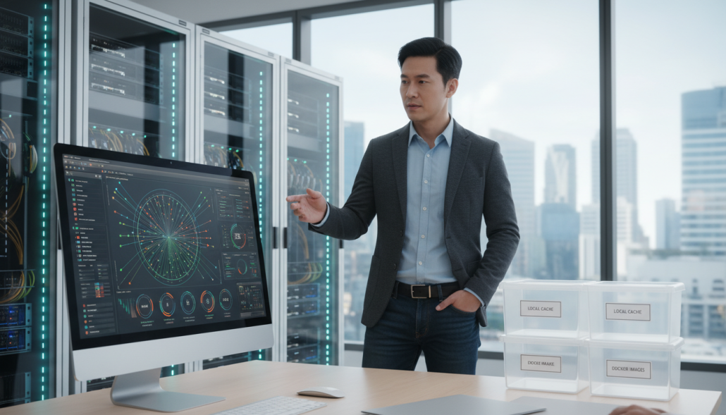 A modern local container registry setup showcased in a vibrant office environment. In the foreground, a sleek desktop computer displays a graph illustrating caching efficiency, with colorful data visualizations prominent on the screen. The middle ground includes a confident professional, dressed in a smart casual outfit, analyzing the data, pointing at the screen. Surrounding the workspace are clear containers and server racks symbolizing the local registry's infrastructure. The background features large windows revealing a cityscape, illuminated by bright daylight, setting an optimistic mood. The lighting is bright but soft, enhancing the professional atmosphere. The image is captured from a slightly elevated angle, focusing on the interaction of technology and business insights. A modern local container registry setup showcased in a vibrant office environment. In the foreground, a sleek desktop computer displays a graph illustrating caching efficiency, with colorful data visualizations prominent on the screen. The middle ground includes a confident professional, dressed in a smart casual outfit, analyzing the data, pointing at the screen. Surrounding the workspace are clear containers and server racks symbolizing the local registry's infrastructure. The background features large windows revealing a cityscape, illuminated by bright daylight, setting an optimistic mood. The lighting is bright but soft, enhancing the professional atmosphere. The image is captured from a slightly elevated angle, focusing on the interaction of technology and business insights.