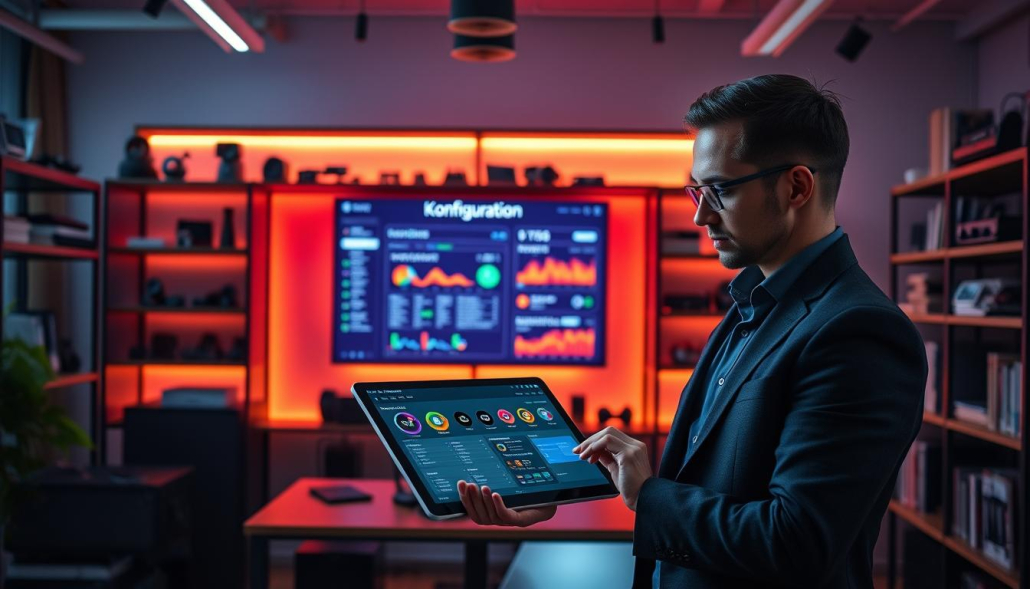 A modern, sleek workspace featuring a digital interface displaying "Moltbot Konfiguration Updates." In the foreground, a professional in smart casual attire examines a tablet, showcasing an intricate dashboard filled with colorful graphs and settings options related to the bot’s configuration. In the middle, a large screen displays real-time updates and analytics in vivid colors, emphasizing the bot's adaptability. The background includes shelves filled with tech gadgets and programming books, softly illuminated by warm, ambient lighting to create a focused yet inviting atmosphere. The angle captures the essence of a collaborative tech environment where innovation thrives, with a hint of futuristic design elements to convey the advanced nature of Moltbot's technology. A modern, sleek workspace featuring a digital interface displaying "Moltbot Konfiguration Updates." In the foreground, a professional in smart casual attire examines a tablet, showcasing an intricate dashboard filled with colorful graphs and settings options related to the bot’s configuration. In the middle, a large screen displays real-time updates and analytics in vivid colors, emphasizing the bot's adaptability. The background includes shelves filled with tech gadgets and programming books, softly illuminated by warm, ambient lighting to create a focused yet inviting atmosphere. The angle captures the essence of a collaborative tech environment where innovation thrives, with a hint of futuristic design elements to convey the advanced nature of Moltbot's technology.