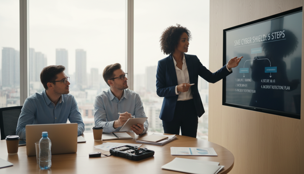 A professional business environment depicting a group of three diverse cybersecurity experts discussing practical tips for SMEs. In the foreground, a focused woman in business attire points towards a digital screen displaying a cybersecurity strategy, while a man takes notes beside her, both appearing engaged and collaborative. In the middle ground, a round conference table with laptops, papers, and cybersecurity tools scattered across it, emphasizes teamwork and resourcefulness. The background showcases a modern office with large windows allowing natural light to illuminate the scene, creating a bright and optimistic atmosphere. Use soft lighting to enhance the professional mood and add depth with a slight blur on the background. The angle should be slightly elevated to capture both the experts and the digital visuals effectively, embodying the essence of cybersecurity best practices for SMEs. A professional business environment depicting a group of three diverse cybersecurity experts discussing practical tips for SMEs. In the foreground, a focused woman in business attire points towards a digital screen displaying a cybersecurity strategy, while a man takes notes beside her, both appearing engaged and collaborative. In the middle ground, a round conference table with laptops, papers, and cybersecurity tools scattered across it, emphasizes teamwork and resourcefulness. The background showcases a modern office with large windows allowing natural light to illuminate the scene, creating a bright and optimistic atmosphere. Use soft lighting to enhance the professional mood and add depth with a slight blur on the background. The angle should be slightly elevated to capture both the experts and the digital visuals effectively, embodying the essence of cybersecurity best practices for SMEs.