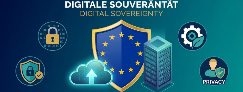 Was ist Digitale Souveränität? – Definition, Bedeutung und Maßnahmen für Unternehmen 1 Digitale Souveränität – Schild mit Europa-Flagge schützt Cloud und Daten