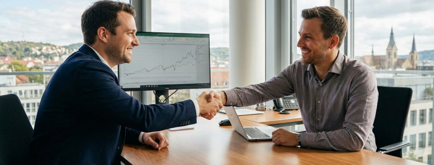 Den richtigen IT-Dienstleister finden: Worauf Unternehmen mit 20–50 Mitarbeitern achten sollten 1 IT-Dienstleister berät mittelständisches Unternehmen im modernen Büro