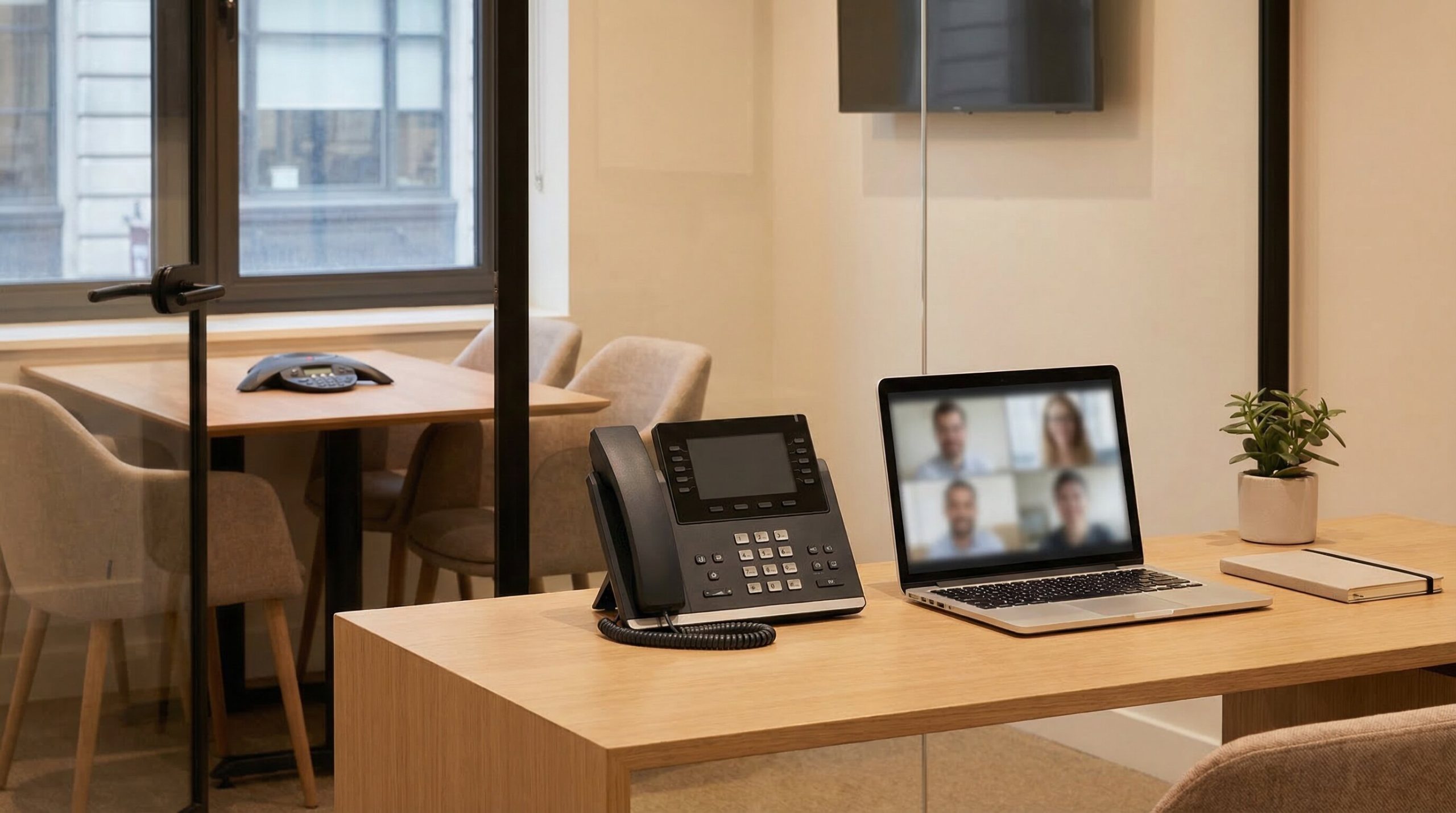 Cloud Telefonanlage für Unternehmen - Biteno Moderne IP-Telefonanlage im Büro mit VoIP-Telefon und Videokonferenz