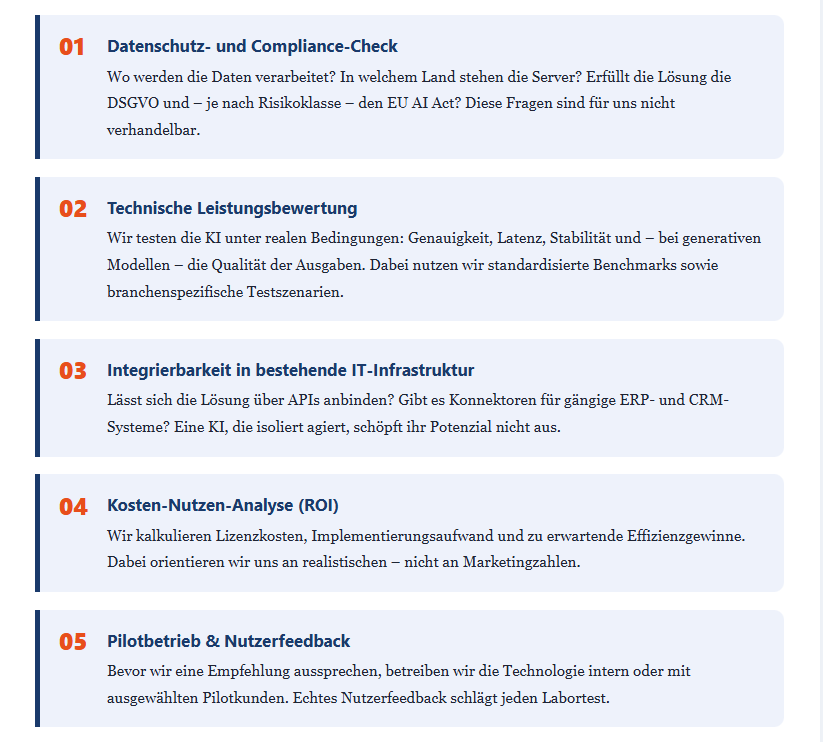 Wie wir neue KI-Technologien evaluieren – unser Framework 2 in 5 Schritten evaluieren