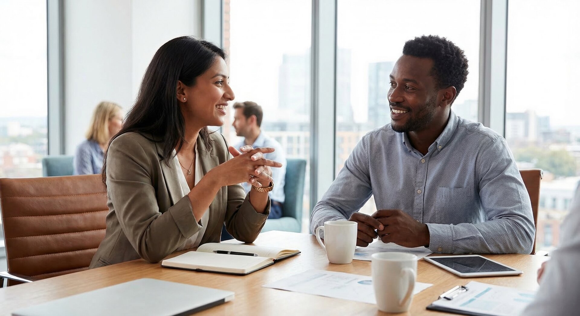 IT-Beratung auf Augenhöhe – Menschen im Gespräch Zwei IT-Berater im kollegialen Gespräch am Besprechungstisch