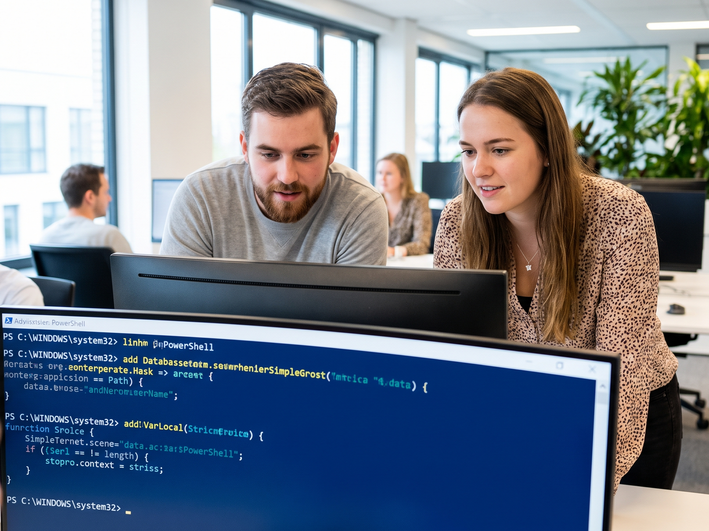 Zwei junge IT-Kollegen Biteno GmbH – PowerShell Scripting gemeinsam