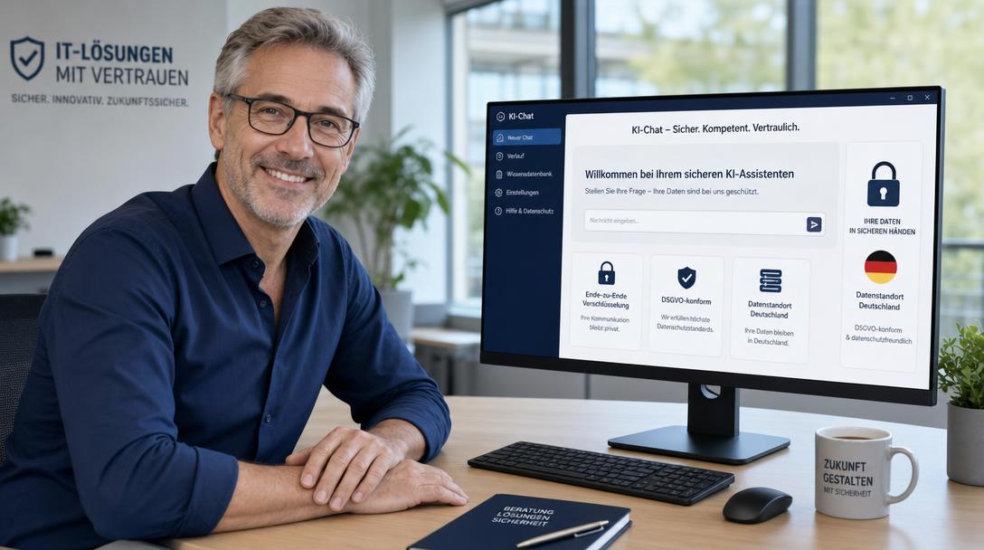 nexgen-ki-berater-datensicheres-ki-dashboard nexgen-ki Berater mit grauen Haaren sitzt lächelnd am Schreibtisch vor einem sicheren KI-Dashboard