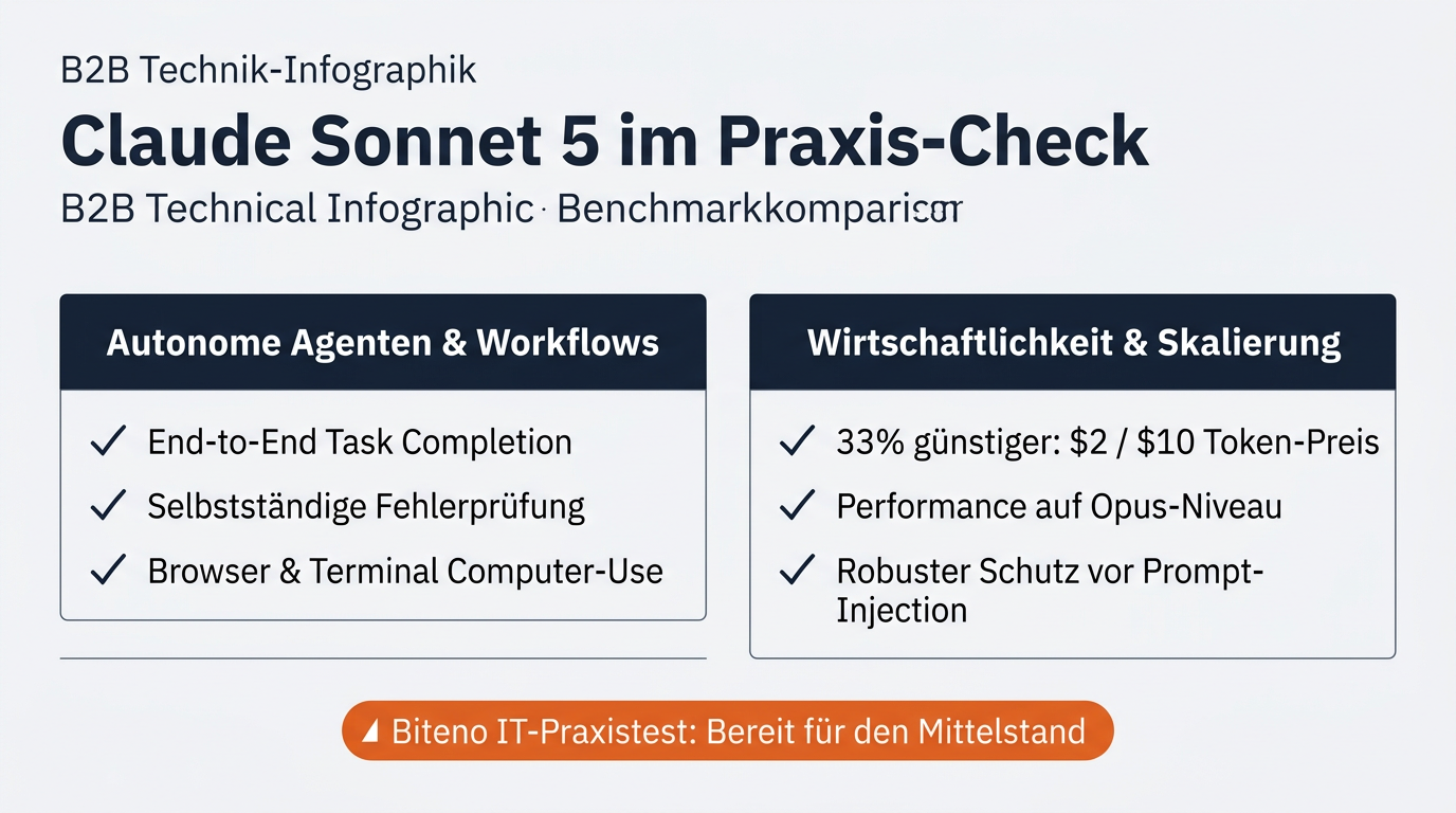 Claude Sonnet 5: Was das neue KI-Modell von Anthropic für Unternehmen bedeutet 2 Claude Sonnet 5 Infografik Praxis-Check Biteno