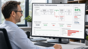 IT-Prozessmanager analysiert die automatisierte Dunkelverarbeitung und Straight-Through-Processing-Raten am Monitor