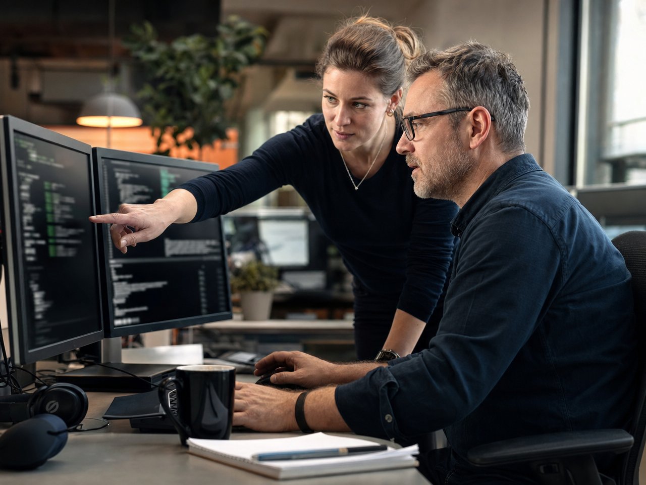 Linux-Administration im Team Linux-Administrator und Kollegin arbeiten gemeinsam an Terminal-Fenstern