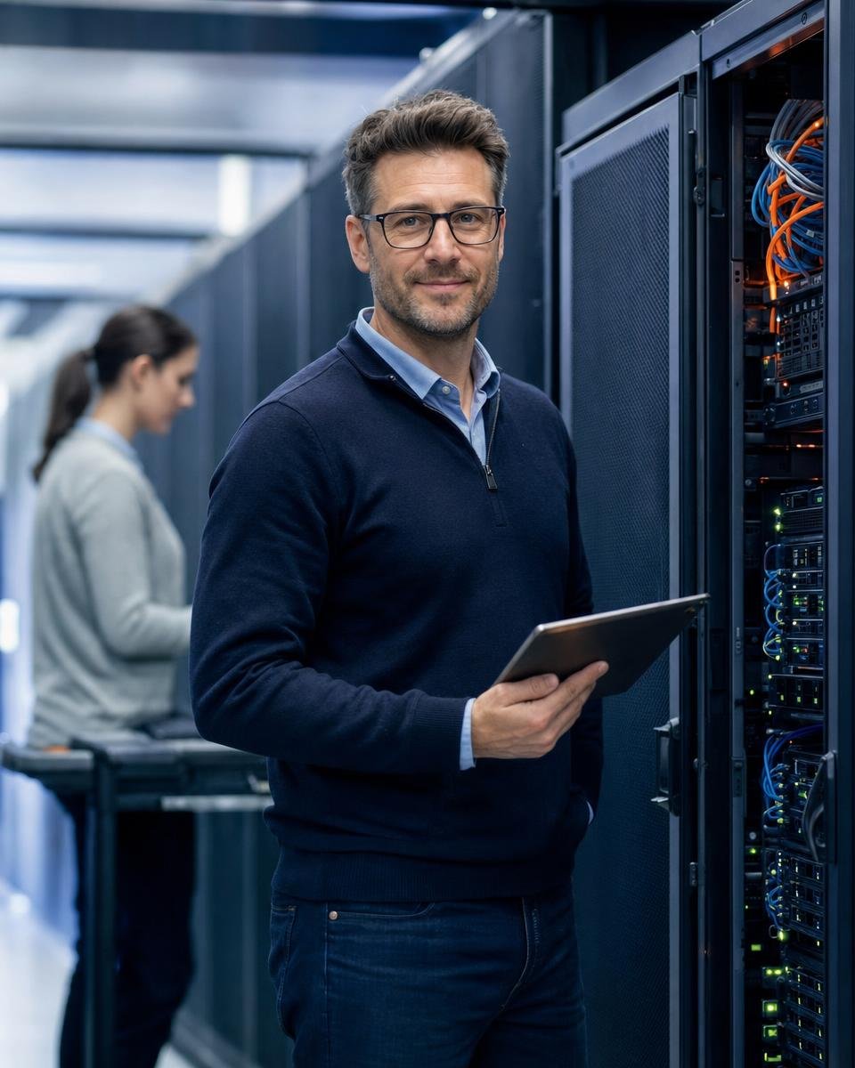 Biteno Rechenzentrum – Techniker am Serverschrank (Hochformat) Ein Systemtechniker steht mit Tablet an einem Serverschrank und schaut freundlich in die Kamera